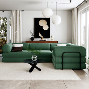 English Elm U_style Modular Corduroy Sectional Sofa Converts to Guest Bed for Apartment Living Green WY000463AAC