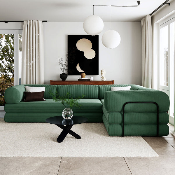 English Elm U_style Modular Corduroy Sectional Sofa Converts to Guest Bed for Apartment Living Green WY000463AAC
