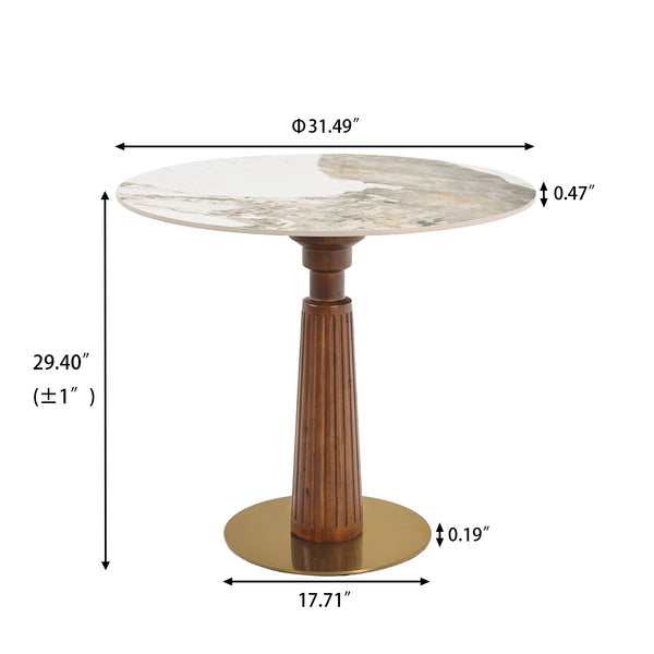 English Elm Modern Round Dining Table - Elegant Sintered Stone Top With Wooden Legs & Gold Base For 2 People W1535S00573
