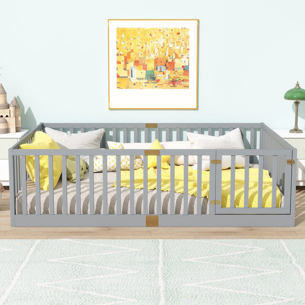 English Elm Twin Floor Bed Solid Rubber Wood with Tall Safety Railings for Toddler Sleep Grey W504P287657