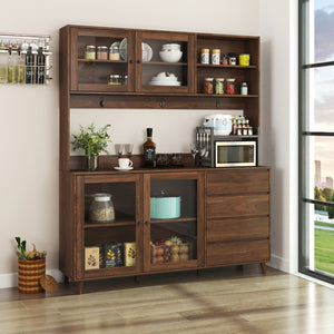 English Elm 63" Large Kitchen Hutch Cabinet with Microwave Shelf, 4 Doors & Drawers, Cable Management Storage Walnut W331S00171