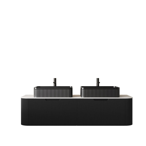 English Elm Dina 60 Inch Floating Bathroom Vanity Sintered Stone Top Dual Glass Basins Wood Grain Black,Carrara White W2615S00186