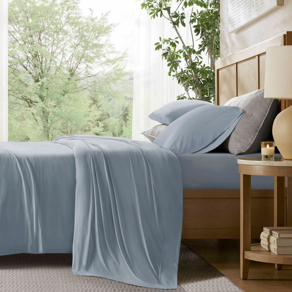 English Elm 4-piece King Nylon Spandex Sheet Set Moisture Wicking Stretch Cool Sleep Bedding Blue B035P408288