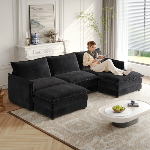 English Elm Corduroy 3-Seater Oversized Cloud Couch With Movable Footrests For Ultimate Comfort & Flexibility W834S00428
