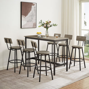English Elm Pub Industrial Style 7-Piece High Dining Set with Steel Frame, PU Padded Bar Chairs, Adjustable Feet Grey W1668P193689
