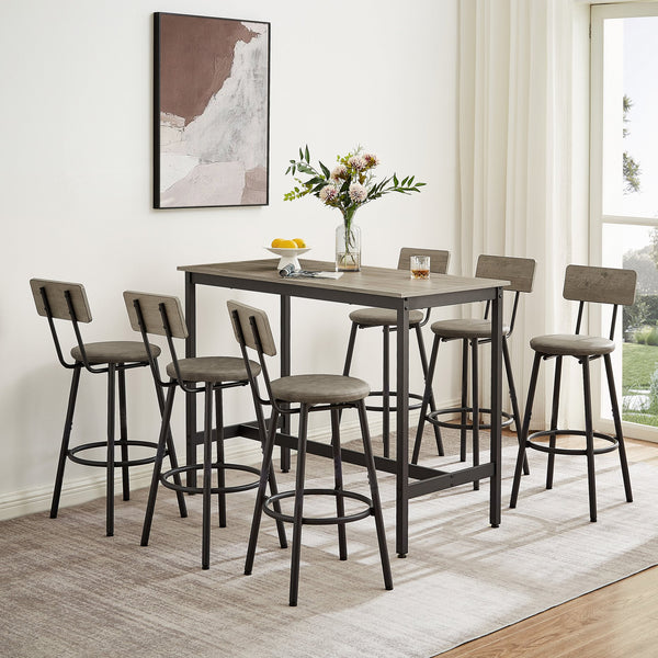 English Elm Pub Industrial Style 7-Piece High Dining Set with Steel Frame, PU Padded Bar Chairs, Adjustable Feet Grey W1668P193689