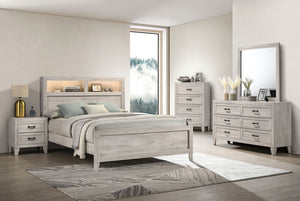 English Elm Simple Eastern King Size Bed With Shelves & Ambient Light - White Wash Contemporary Furniture B2741S00221-GIGA