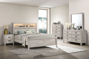 English Elm Simple Full Platform Bed Tufted Headboard with Led Lighting Shelves White Wash Finish B2741S00222