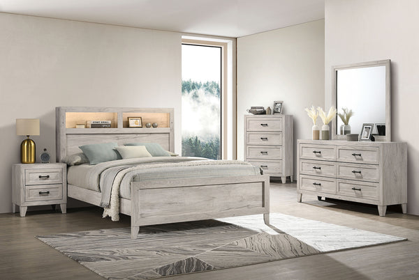 English Elm Simple Full Platform Bed Tufted Headboard with Led Lighting Shelves White Wash Finish B2741S00222
