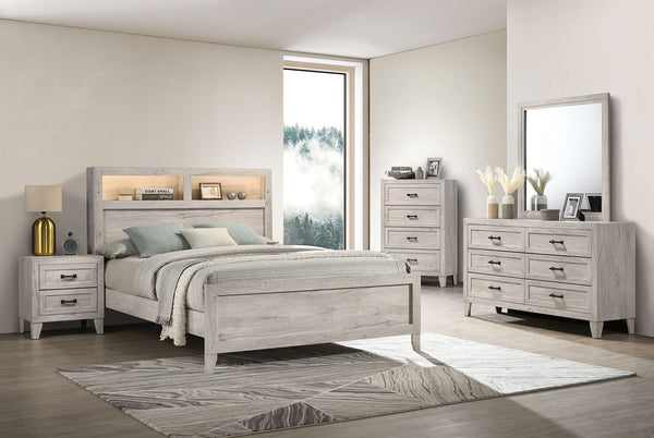 English Elm Simple Queen Size Bed With Integrated Headboard Shelves & Ambient Lighting - White Wash Finish B2741S00220-GIGA