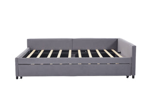 English Elm Upholstered Velvet Daybed with Pull Out Trundle Diamond Tufted Guest Bedroom Sofa Grey W1361S00067