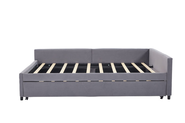 English Elm Upholstered Velvet Daybed with Pull Out Trundle Diamond Tufted Guest Bedroom Sofa Grey W1361S00067