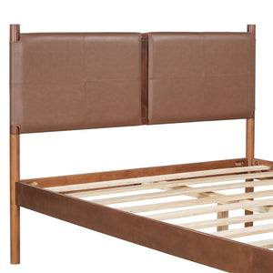 English Elm Christopher Knight Home® - Queen Upholstered Leather Headboard Bed Frame with Solid Wood Slats, Mid-Century Modern Support, No Box Spring Needed Brown N758D928485N