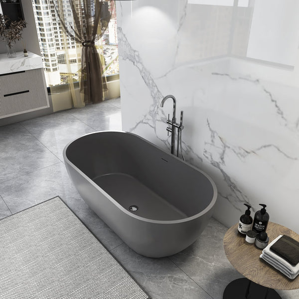 English Elm 59 Inch Stone Resin Freestanding Bathtub Oval Spa Soaking Tub for Small Bathrooms Grey W1613P355474