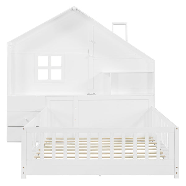 English Elm Full Size House Bed White Wood Frame with Drawers Shelves and Built in Usb Charging LT000423AAK-2