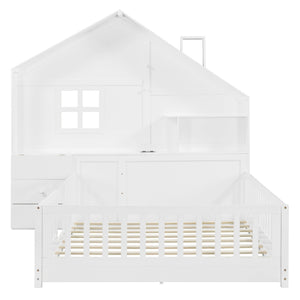 English Elm Full Size House Bed White Wood Frame with Drawers Shelves and Built in Usb Charging LT000423AAK-1