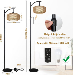 English Elm Arc Floor Lamp - Dimmable Rattan Arc Light With Remote & Led Bulb, Stylish Mid-Century Decor For Any Room W2738P185427