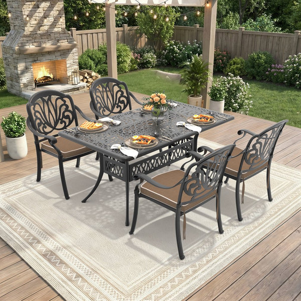 English Elm 5-piece Cast Aluminum Outdoor Dining Set Old World Ornate Patio Furniture Brown Cushions W1710S00567