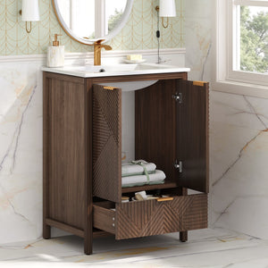 English Elm Christopher Knight Home® - 24 24-Inch Bathroom Vanity with Ceramic Sink, Textured Panels, Soft-Close Drawer & Large Storage Brown N817P339017B