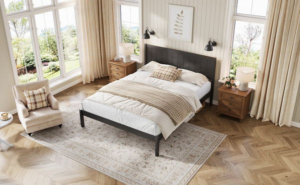 English Elm Platform King Bed Solid Pine Panel Headboard Wood Slat Base Modern Bedroom Frame Espresso N709P425341P