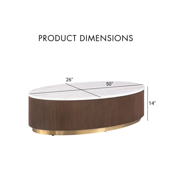 English Elm Brown Oval Marble Top Cocktail Table with Reeded Plinth Base and Gold Steel Accents B2741P476069
