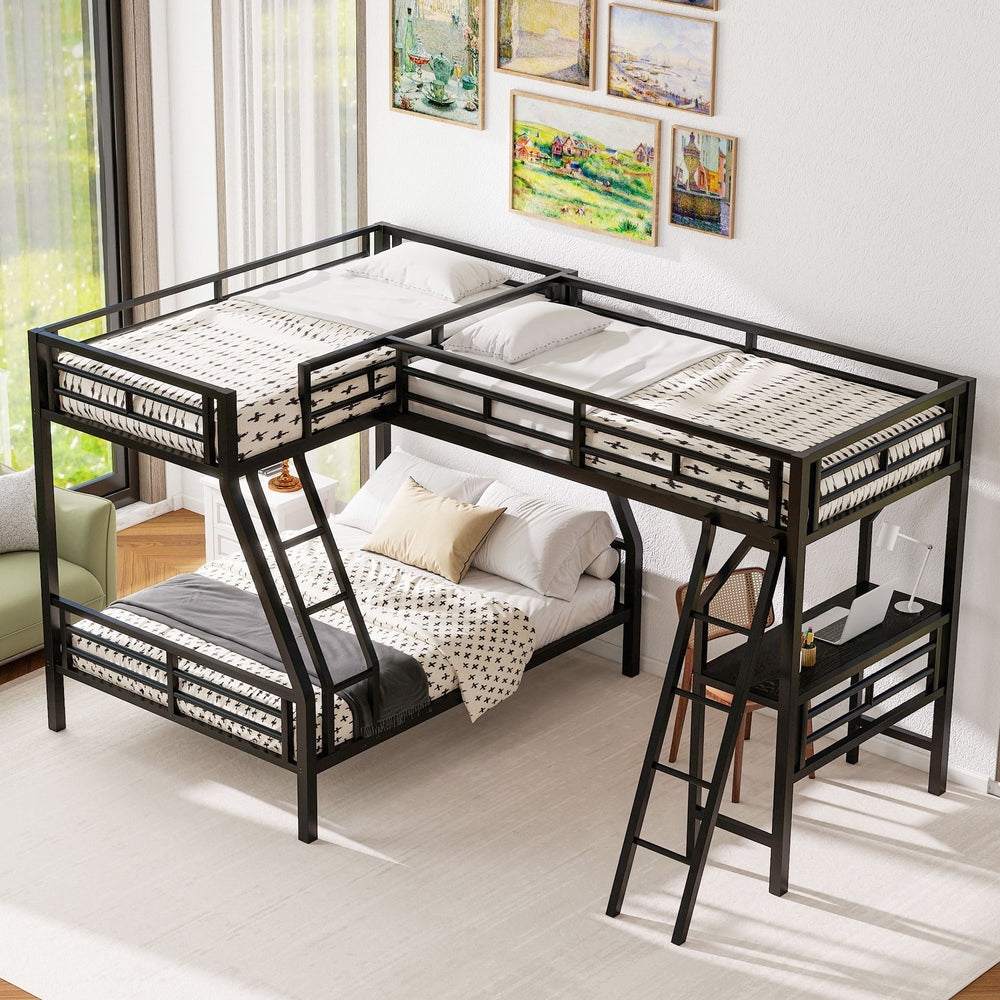 English Elm Twin Triple Bunk Bed with Loft, Desk & Shelf — Metal Black L-Shaped Sleep/Study Space, No Box SpringNeeded SM000606AAB