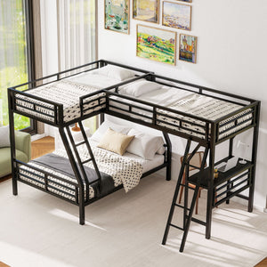 English Elm Twin Triple Bunk Bed with Loft, Desk & Shelf — Metal Black L-Shaped Sleep/Study Space, No Box SpringNeeded SM000606AAB