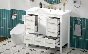 English Elm 36'' Bathroom Vanity with Resin Sink, Solid Wood Frame, 5 Drawers, Soft-Close Doors, Gold Knobs, Spacious Storage White SW000142AAK-1