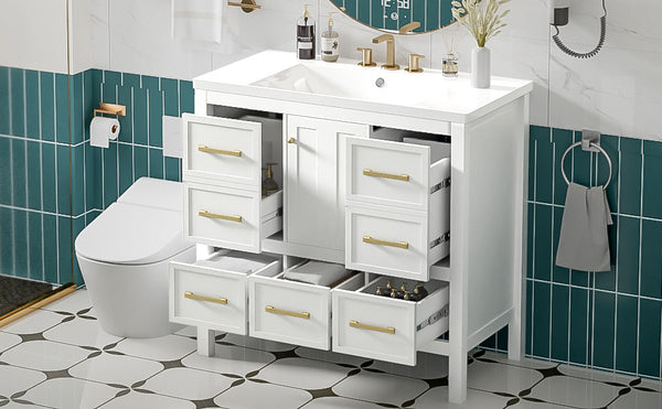 English Elm 36'' Bathroom Vanity with Resin Sink, Solid Wood Frame, 5 Drawers, Soft-Close Doors, Gold Knobs, Spacious Storage White SW000142AAK-1