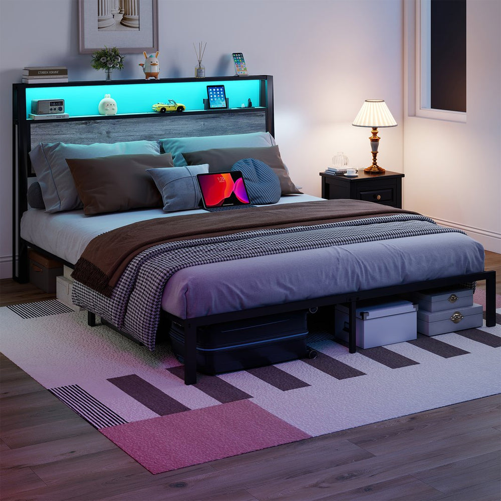 English Elm Queen Metal Platform Bed with Rgb Led Headboard Shelving and Built-in Charging Ports T3963P447321