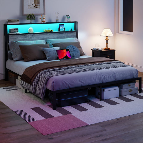 English Elm Queen Metal Platform Bed with Rgb Led Headboard Shelving and Built-in Charging Ports T3963P447323