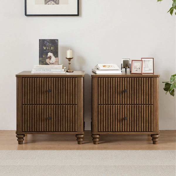English Elm Fluted Oak Finish 3-drawer Nightstand Set of Two Mid Century Bedroom Side Tables Walnut W5819P481407