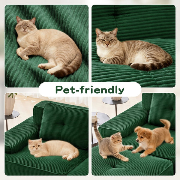 English Elm Modern Corduroy U-shaped Sectional with Tufted Cushions Deep Seat and Movable Ottomans Green W714S01797