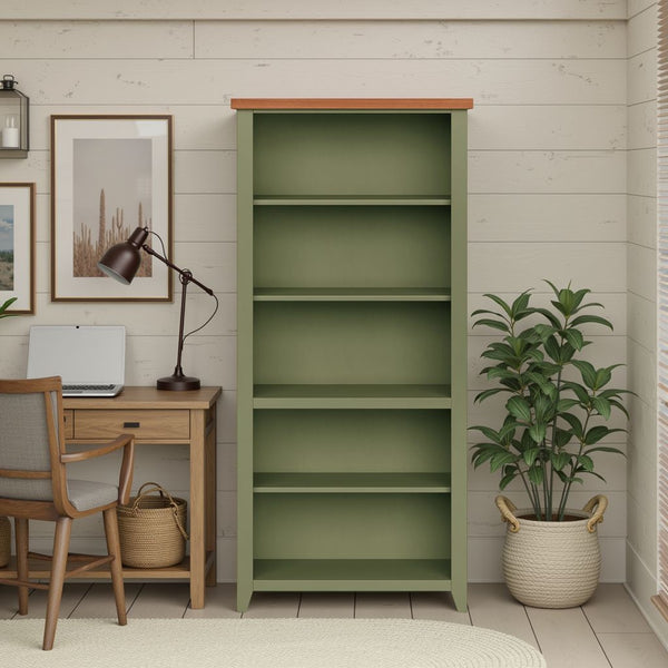 English Elm 72 Inch Modern Farmhouse 5-Shelf Bookcase in Sage Green & Fruitwood Finish — Fully Assembled, Durable Poplar Wood Elegance B108P160217