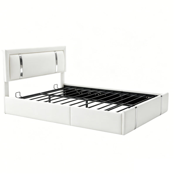 English Elm Queen Platform Bed Wingback Diamond Quilted Headboard Led Lighting Storage Drawers White W5722P462694