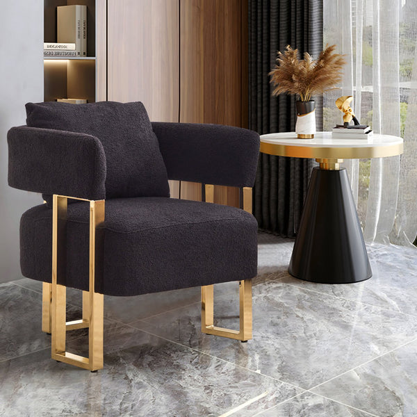 English Elm TS Teddy fleece modern decorative chair with gold legs — plush ergonomic side seating for living spaces (Black) W2311P190452