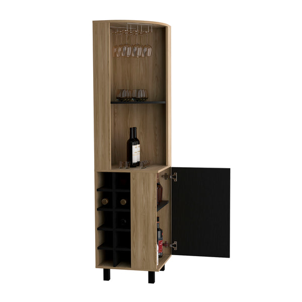 English Elm Kaia 70" Tall Corner Bar Cabinet with 10 Wine Cubbies, Stemware Rack & 4 Shelves in Black Pine B070S00254