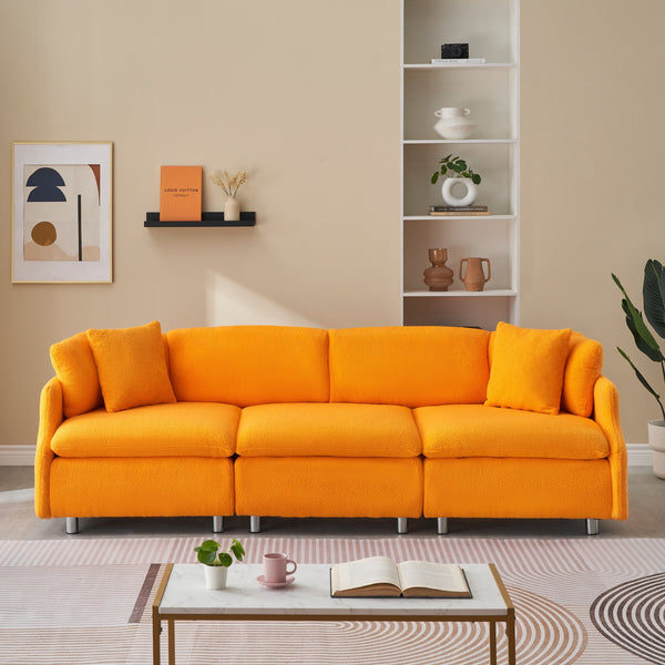 English Elm 95.3 Teddy Two Throw Pillow 3-Seat Sofa with Plush Teddy Fabric, Solid Wood Frame and Metal Legs Orange W1278S00071