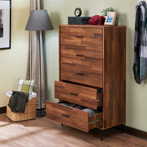 English Elm Hestia Industrial Walnut Finish Chest with Metal Frame, 5 Smooth-Glide Drawers, Durable PU Coated Wood B2726P248605