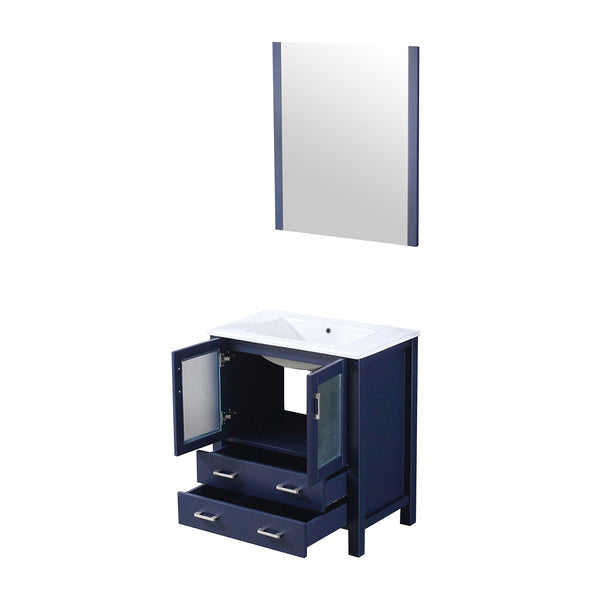 English Elm Navy Blue Bath Vanity Set With White Ceramic Top, Soft-Close Drawers & Stylish 28 In. Mirror Included B2731S00724