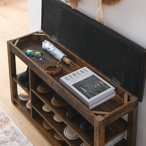 English Elm A Height-Adjustable Shoe Changing Bench With Vintage Charcoal-Grained Wood, Storage & Comfort W487P289971