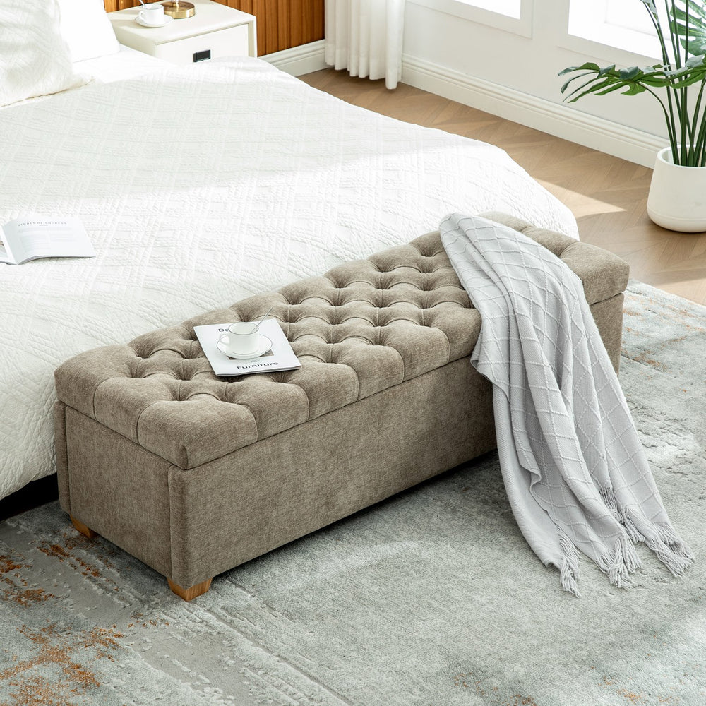 English Elm 60.2'' Chenille Tufted Storage Bench Flip Top Rubberwood Legs Bedroom Entryway Seat Taupe W3118P462294