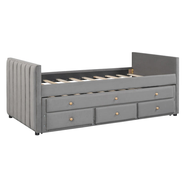 English Elm Twin Upholstered Daybed with Pull-Out Trundle and 3 Drawers, Velvet Finish, Solid Frame, Slat Kit Included Gray SF000147AAE