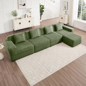 English Elm Modular L-Shaped Sectional Sofa In Plush Green Corduroy - Cloud-Like Comfort With Movable Ottoman & Pillows W3041S00335