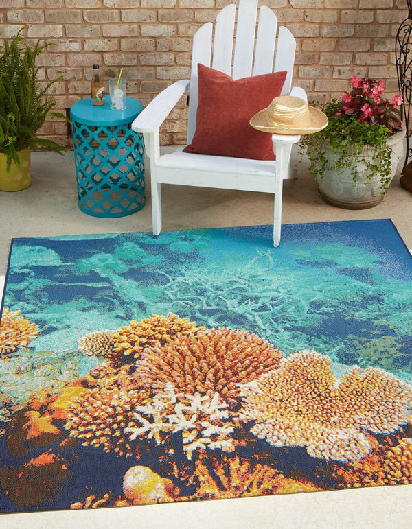 Unique Loom Outdoor Coastal Ariel Machine Made Border Rug Multi, Ivory/Navy Blue/Red/Turquoise/Orange/Brown/Blue 5' 4" x 6' 1"