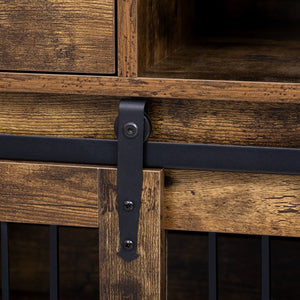 English Elm 2 IN 1 Rustic Dog Crate Side Cabinet Organizer with USB Outlets, Hooks & Sliding Kennel for Dogs N843P256449O