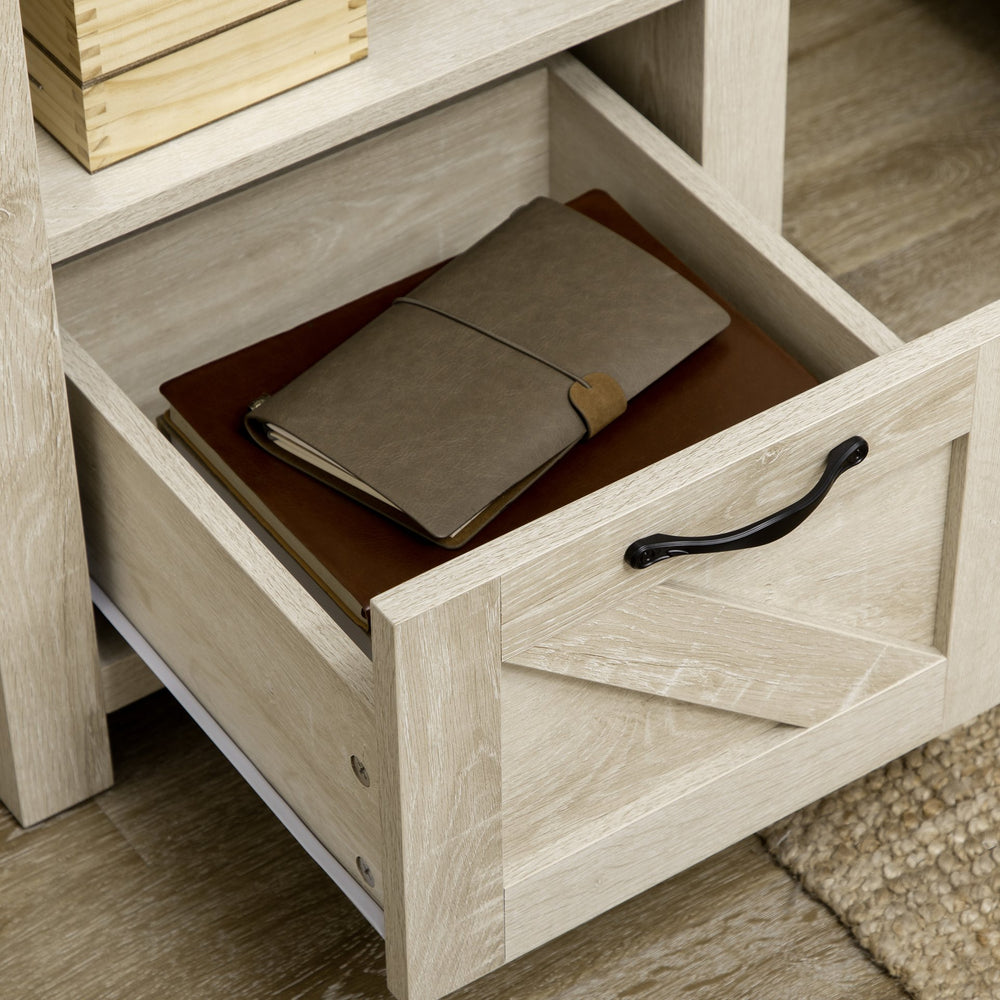 English Elm HOMCOM Rustic Farmhouse End Table with Drawer & Open Shelf, Oak Wood-Effect Top, Sturdy 110lb Capacity W2225P249999