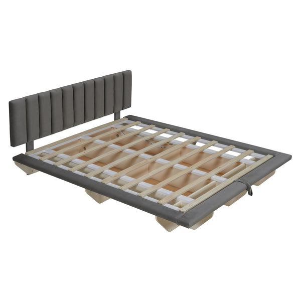 English Elm Queen Upholstered Floating Bed with LED Lighting, Hydraulic Lift, 4 Storage Drawers, Velvet Luxury Gray SF000132AAE