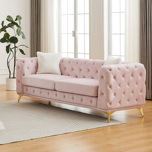 English Elm Fx Chesterfield Velvet Sofa with Diamond Tufting Polished Legs and Accent Pillows Pink W1926S00082