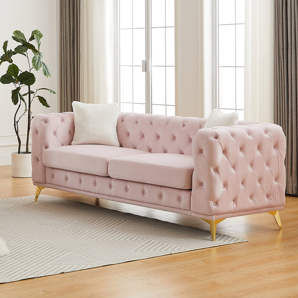 English Elm Fx Chesterfield Velvet Sofa with Diamond Tufting Polished Legs and Accent Pillows Pink W1926S00082